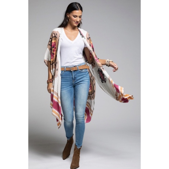 Bohemian Mandala Inspired Stripes Side Slit Kimono Coverup Wrap Casual Women's - Picture 5 of 6